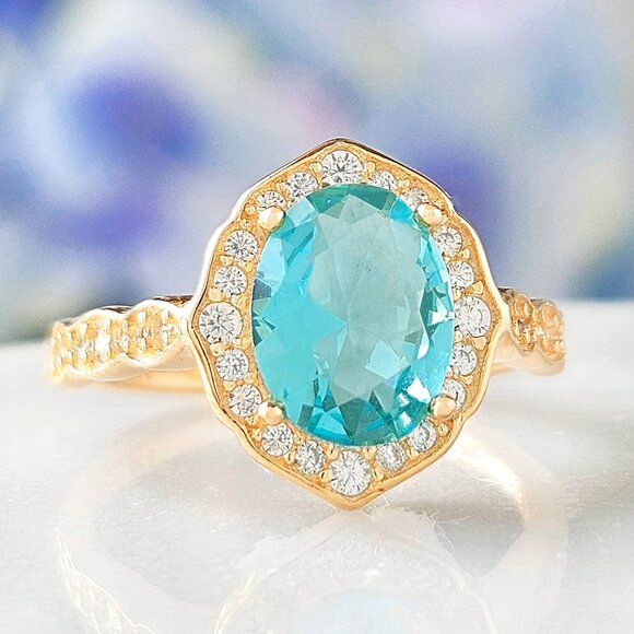 Gold and Aquamarine Gemstone ring,925 Sterling Silver Charmed Aroma - Picture 4 of 4